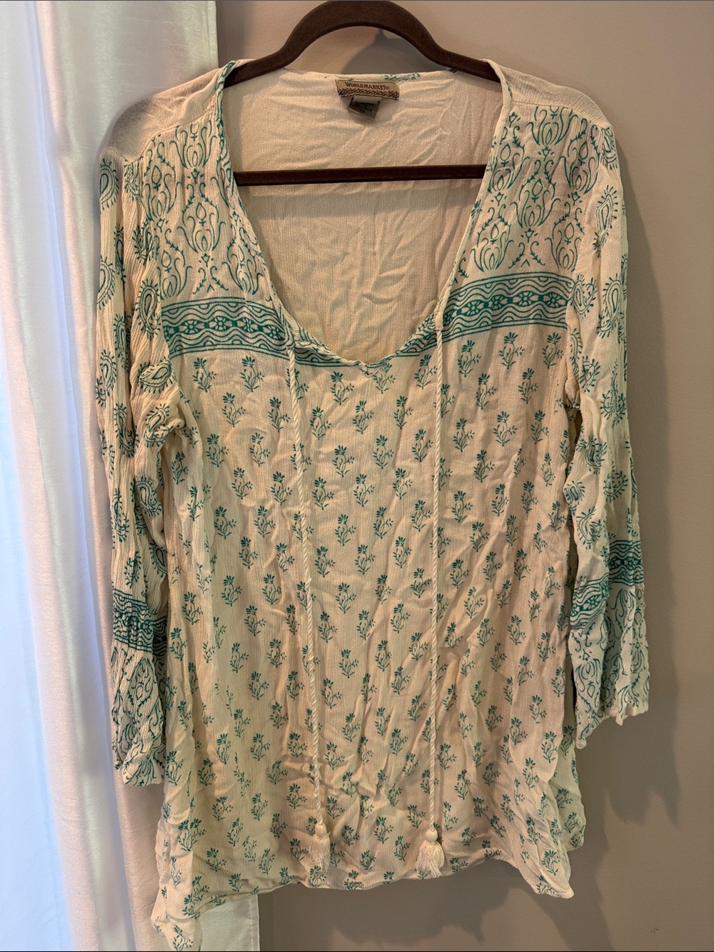 Cost Plus World Market Cream Tunic with Teal Embroidery